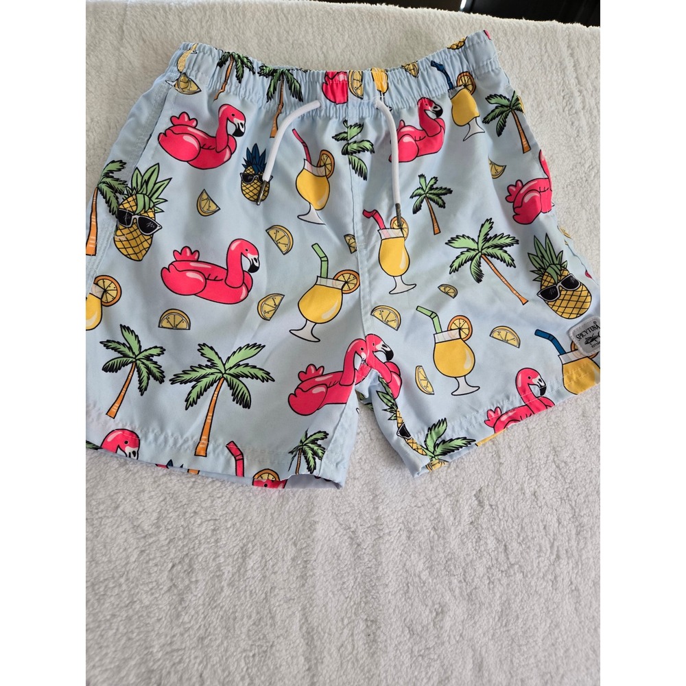 Spicy Tuna Boys‎ Light Blue Tropical Flamingo Cocktail Print Swim Trunks Size 12